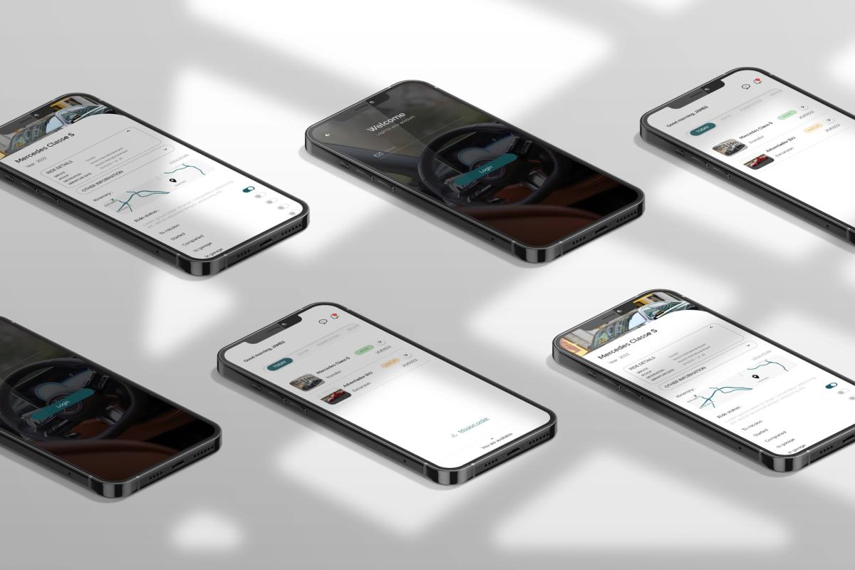 An array of six moder, edge-to-edge display smartphones, each showcasing a different application interface. The apps range from maps and navigation to vehicle interiors, highlighting the divers functionality and user friendly design.