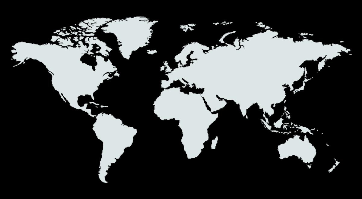 A simplified, monochromatic world map showcasing the outline of continents: North America, South America, Africa, Europe, Asia, Austria (Oceania), and Antartica. Ideal for global car rental services.