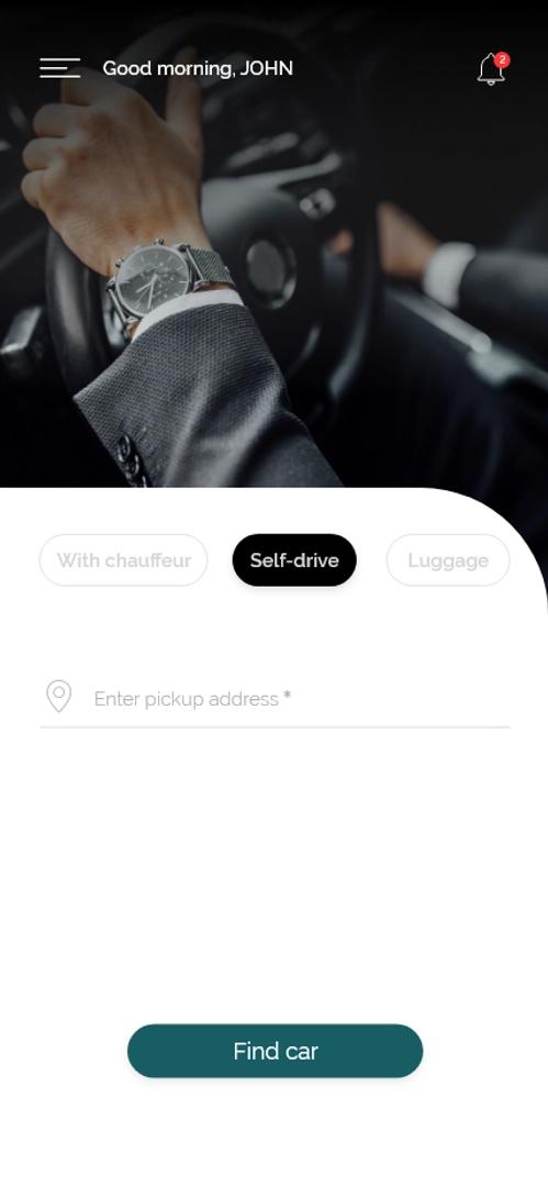 A personalized mobile app interface for a luxury car rental service in Switzerland greets the user with 'Good Morning, JOHN', the app offers options to 'REQUEST A RIDE' and 'RENT' a luxury car, each accompanied by an illustrative image. Unde 'OUR SERVICES', it showcases 'Luxury cars' with a prompt to 'View all cars', and 'Professional Chauffeurs' with an option for 'Chauffeur application'. The app aims to provide a luxurious and personalized experience for its users.