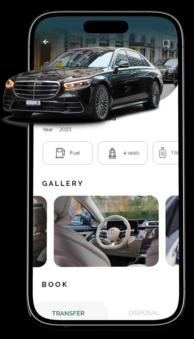 a modern smartphone displaying a user-friendly interface of a car rental app. The screen showcases a sleek, black modern sedan, possibly available for rent. Icons and text provide information about the car: it uses fuel, has 4 seats, an exterior that is black and interior that is beige, can accomodate 3 big luggages and one small luggage . A "GALLERY" section shows another photo of the car's interior focusing on the beige seats and steering wheel. A green ' Add now ' button at the bottom indicates an action to possibly rent or know more about the car.