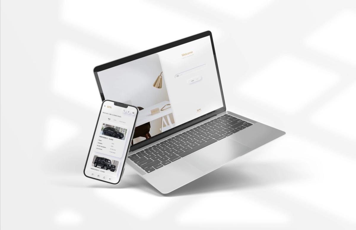 Laptop and smartphone displaying modern webpages, floating against a white and grey geometric background. The laptop shows a minimalist webpage with an image of a room with wooden furniture and login fields. The smartphone displays a social media or blog page with text and images. This image reflects the digital presence and online services of a luxury car rental company in Switzerland.